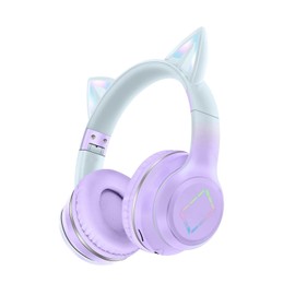 LiberIntone Kids Bluetooth Headphones,Cat Ear LED Light Child Wireless Headphones with Mic,Adjustable Headband,TF Card,Foldable Bluetooth Stereo Over-Ear Kids Headsets for Boys Girls Adults (Purple)