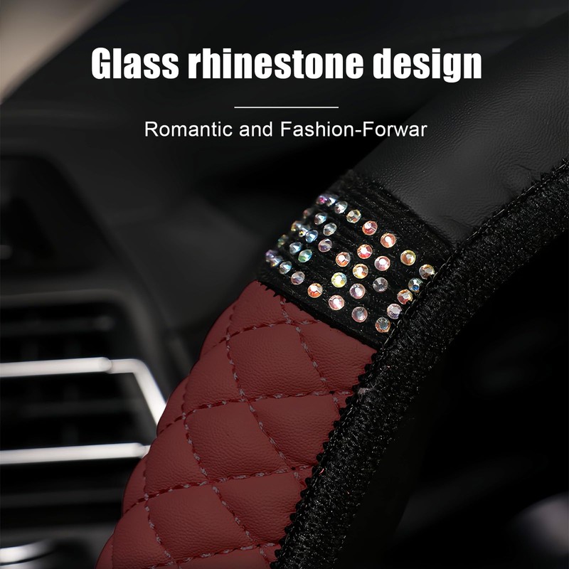 AMZAUTO Bling Steering Wheel Cover for Women, Leather Sparkly Rhinestone