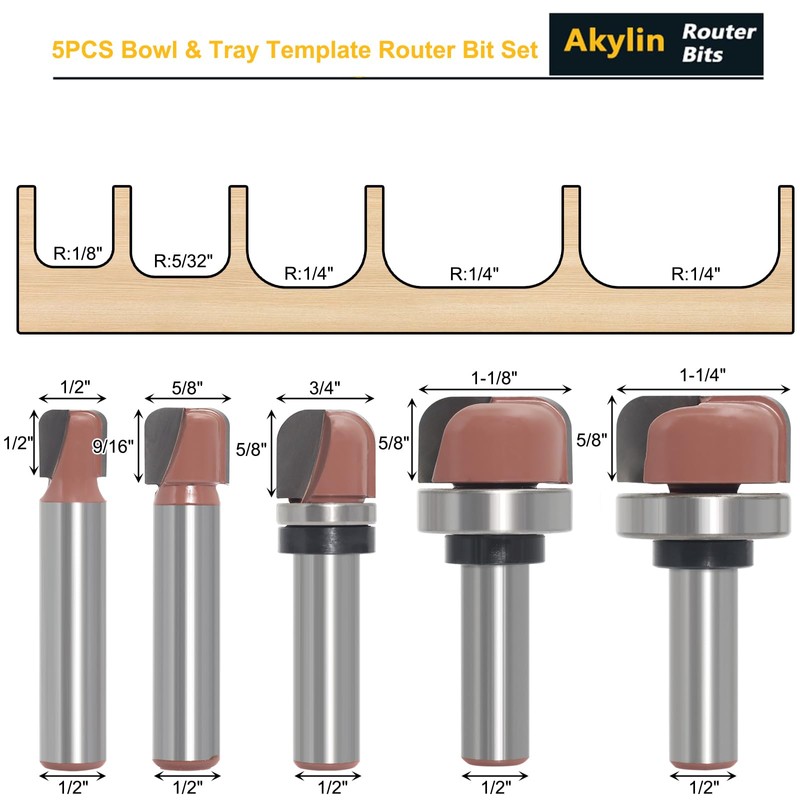 Akylin Dish Carving Router Bits, 1/2 Inch Shank 5PCS Bowl