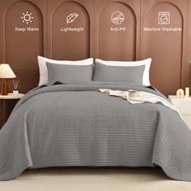 Masaca Oversized Queen Quilt (100"x106"),Grey Lightweight Bedspreads & Coverlets Ultra Soft Microfiber Summer Gray Extra Large Quilt Bedding Set 3 Pieces