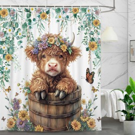 Highland Cow Shower Curtain, Green Sage Eucalyptus Floral Watercolor Leaves Farmhouse Shower Curtain Sets, Funny Cattle in Bucket Waterproof Fabric Bath Curtains with Hooks, 70X70IN