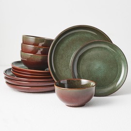 Pokini Stoneware Dinnerware Sets Service for 4, 12 pcs Reactive Glaze Plates and Bowls Sets, Handmade Ceramic Dish Set, Highly Chip and Crack Resistant Modern Plate Set, Brown Green