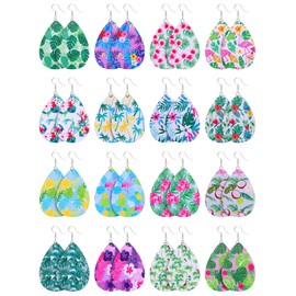 16 Pairs Hawaii Faux Leather Teardrop Earrings Summer Tropical Boho Lightweight Leaf Drop Earrings for Women (Leaf Pattern Style)