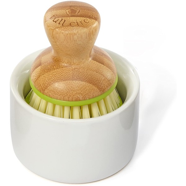 Full Circle Bubble Up Ceramic Soap Dispenser & Bamboo Handle Dish Brush – Replaceable Kitchen Dish Scrubber with Soap Holder, Green
