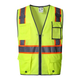 High Visibility Reflective Safety Vest With 10 Multi-Functional Pockets + 2 Mic Straps, Meet ANSI/ISEA 107-2020 Standards, Type R Class 2 Safety Vest(Neon Yellow Orange Strips-Mesh Back,4X-Large)