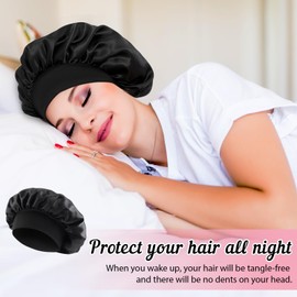 2 Stück Seidenhaube zum Schlafen mit Haargummis, FUKPO Silk Bonnet Sleep Cap Schlafhaube Seide Lockenhaube Satinhaube, Haarhaube Nacht Schlafmütze Satin Haube Haare Schützen Duschhauben(Schwarz Rosa)