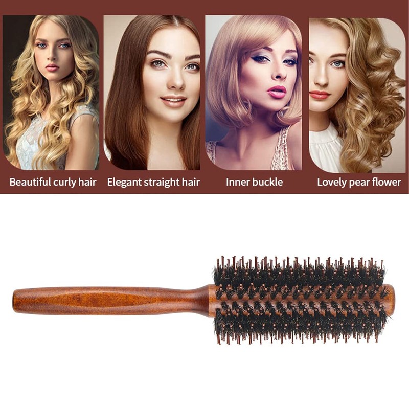 Roller Round Brush, 14 Rows Natural Wooden Boar Bristle Round