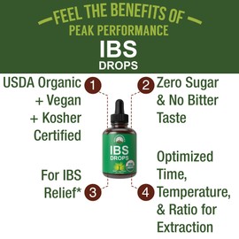 USDA Organic IBS Relief 5-In-1 Liquid Drops. For Ingestion, Bloating, Gas. Irritable Bowel Supplement With 5 Organic Ingredients. Peppermint Oil, Fennel Seed, Chamomile Flower, Rosemary, Holy Basil