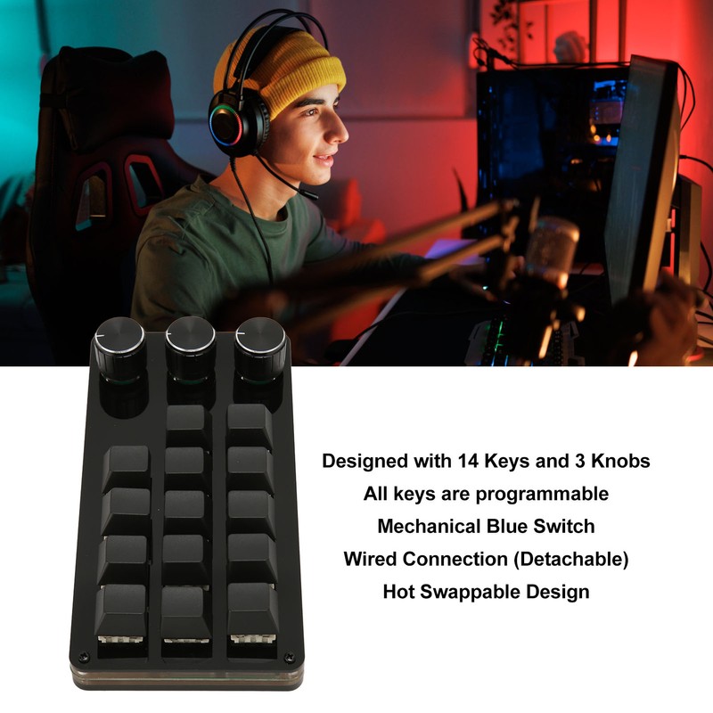 Mini Custom Keypad 14 Keys 3 Knobs Programmable Blue Switch