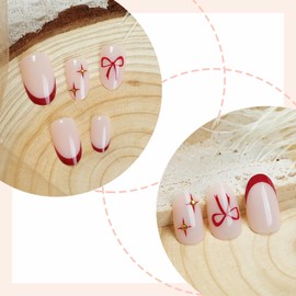 BABALAL Press on Nails Medium Round Fake Nails Red French Tip Glue on Bow Acrylic Nails Cute 24Pcs Glossy Stick on Valentine Artificial Manicure Oval False Nails
