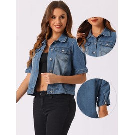 Allegra K Casual Jean Jacket for Women's Short Puff Sleeves Button-Down Denim Jacket Small Medium BLue