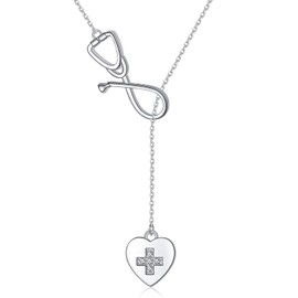 JZMSJF S925 Sterling Silver Doctor Nurse Stethoscope Pendant Y Necklace with Cross Heart Nursing Jewelry Gifts