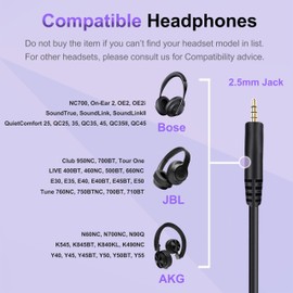 Replacement Audio Cable for Bose Headphones Cord Wire 3.5mm to 2.5mm Compatible with Bose 700 Quietcomfort QC25 QC35 QC35II QC45 OE2 OE2i SoundTrue JBL Tune 710BT with In-line Mic & Volume Control