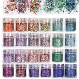 TEUVO Holographic Face Glitter for Body, Eyes and Lips, Chunky Cosmetic Glitter for Hair Decoration, Nail Art and DIY, 24 Mixed Colors
