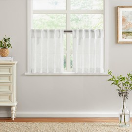 MIULEE Net Curtains, Bistro Curtain, Kitchen Curtains, Pinch Pleats with Back Loops with Hooks, Short Semi-Transparent Voile Light Filtering for Kitchen, Living Room, Set of 2, 60 x 45 cm, White