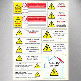 Solar PV System Installation Warning Label Set - A4 Sheet - Price per Pack of 140 Labels (14 Designs / 10 Sheets per Pack)