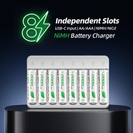 WENJOOP 8-Slot Smart AA AAA Battery Charger for 1.2V NiMH/NiCd Rechargeable Batteries, USB-C Input, LED Indicators, Auto Stop Charging, Smart Top-Up Charging