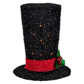 Northlight 9.25" Lighted Black Tinsel Top Hat Christmas Tree Topper, Clear Lights