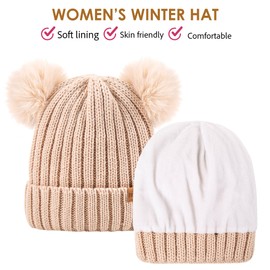 Women's Winter Warm Knit Beanie with Faux Fur Pom Skull Cap Cozy Fleece Lined Hat for Women White