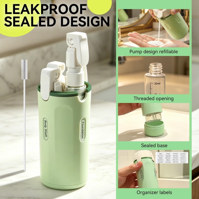 4-in-1 Travel Dispenser with Pump, Four 30 mL Refillable Bottles