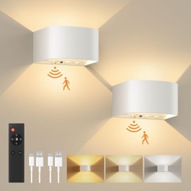 FULEN Motion Sensor Wall Light with Remote Control 3 Colors Wireless Wall Sconces LED Indoor Up and Down Wall Lamp 5000mAh Rechargeable Battery Powered Wall Lamps Brightness Adjustable, White 2 Pack