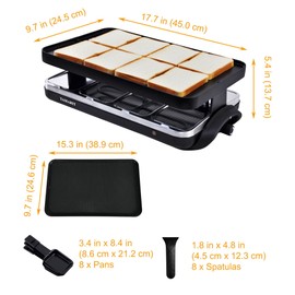 TAMARIT Classic 8 Person Raclette Grill 1500W Electric Tabletop Griddle with Reversible Plate, 8 Non-Stick Cheese Trays and Spatulas Indoor Portable Korean BBQ Barbecue Party Grill Black