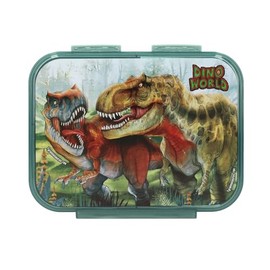 Depesche 13401 Dino World Bite Lunch Box in Dark Green with Dinosaur Motif and Landscape, Lunch Box with 3 Compartments and Hinged Lid