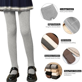 LOLANTA Girls' Winter Tights Thick Fleece Lined Stretchy Soft Tights School Uniform 3-11 Years, Light grey ribbed