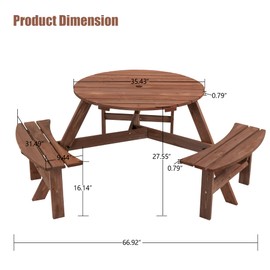 6 Person Outdoor Picnic Table with Benches, Outdoor Round Patio Table Dining Table w/ 3 Built-in Benches + Umbrella Hole, Perfect for Garden Yard Pub Beer, 1720lb Capacity-Brown