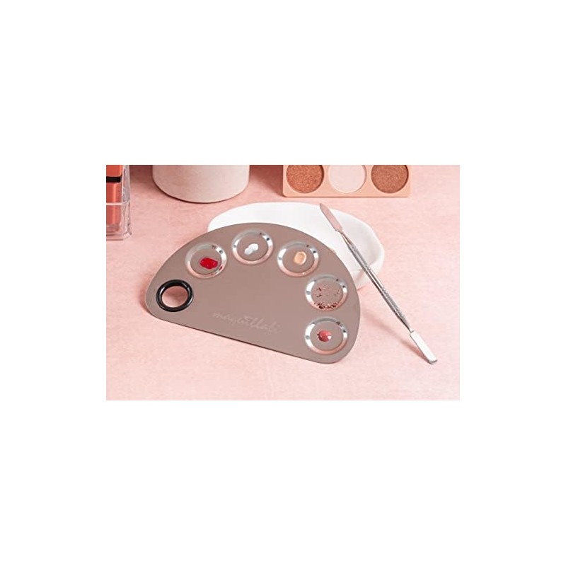PALETA DE ACERO INOXIDABLE PARA MEZCLA DE MAQUILLAJE CON ESPATULA