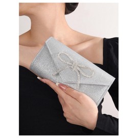 QWINEE Women's Elegant Rhinestone Bow Glitter Handbag Chain Strap Flap Mini Evening Clutch Purse Silver One Size