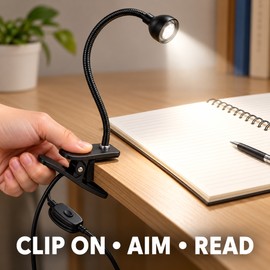 Flexible USB LED Clip-On Reading Light with 360° Gooseneck and Inline On/Off Switch