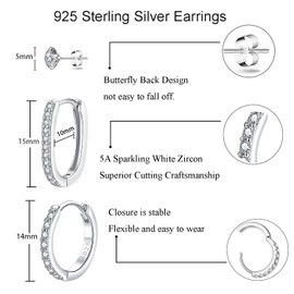 Loutade Hoop Earrings 925 Silver Stud Earrings, 3 Pairs Sterling Silver Women's Stud Earrings Hoop Earrings Set, Zirconia Ball Stud Earrings Oval Hoop Earrings Delicate Sleeping Cartilage Tragus