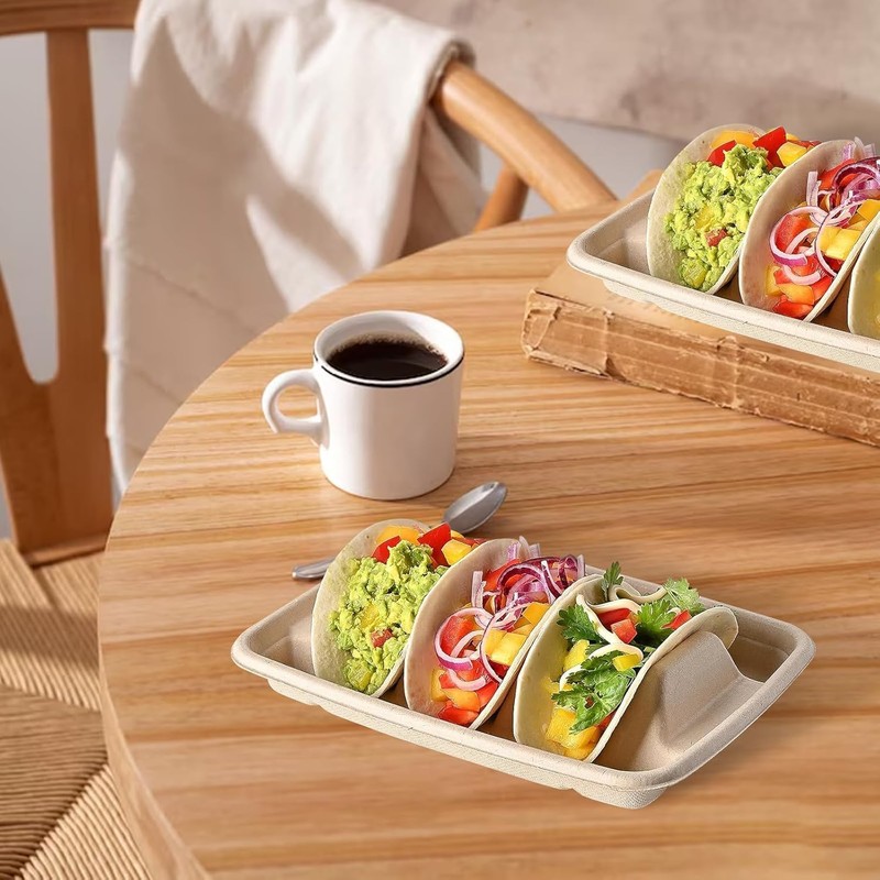 WOYAODONG 20Pcs Disposable Taco Plates with Dividers, Paper Taco Holders
