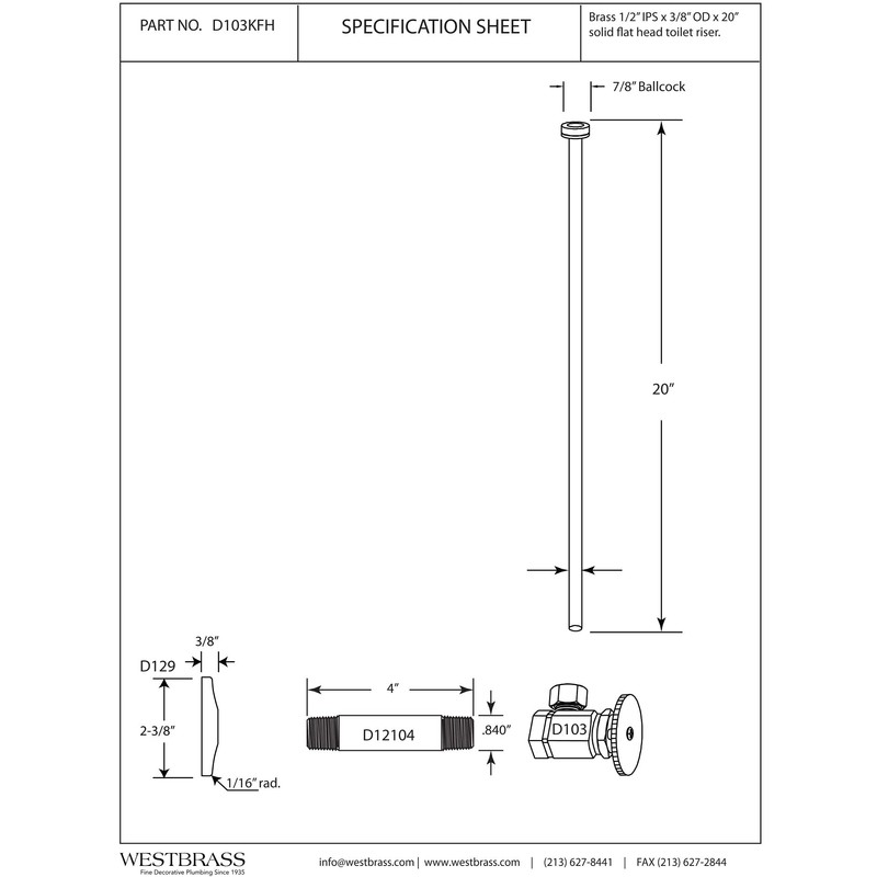 Westbrass Flat Head Toilet Kit with Round Handles, 1/2" IPS