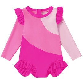 WISREMT Toddler Swimsuit Girl One Piece Swimsuit Baby Long Sleeve Bathing Suit Rash Guard with Zipper UPF 50+ 1T 2T 3T 4T 5T Hot Pink