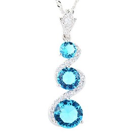 RIZILIA Three-Stone Pendant with 45cm(18") Chain & Round Cut Gemstones CZ [Aquamarine] in 18K White Gold Plated, Simple Modern Elegance