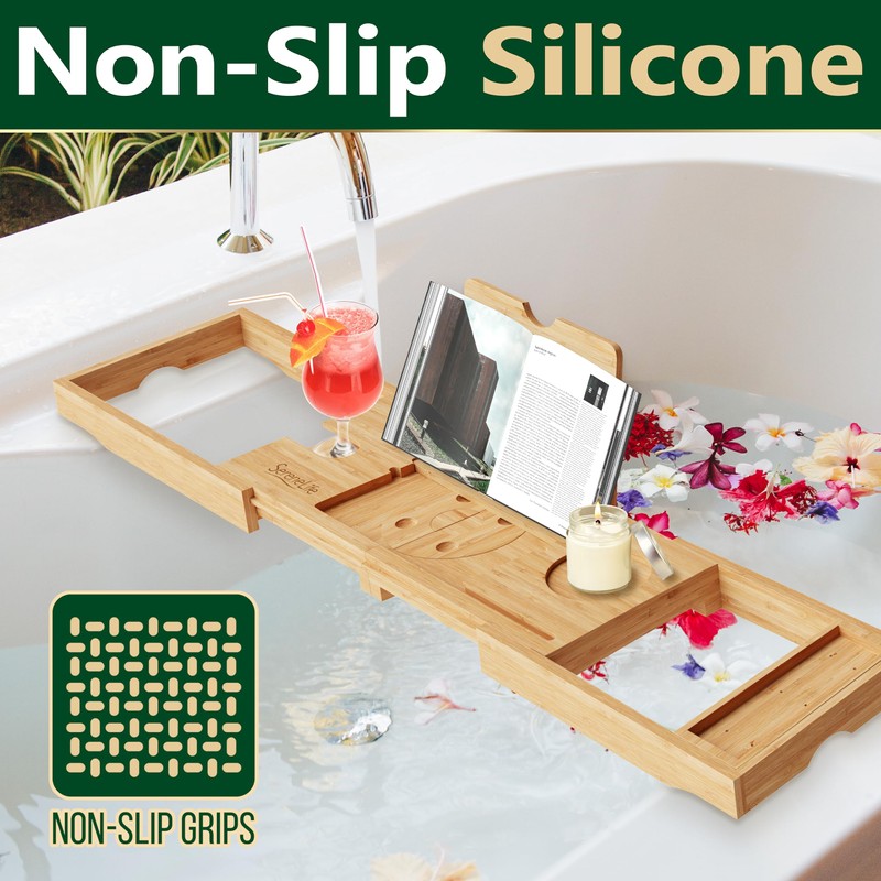 SereneLife Bamboo Bath Caddy with Fold and Lock Design -