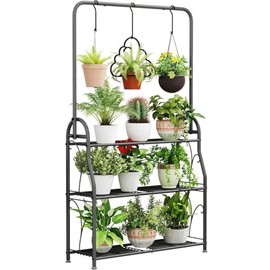 SORCEDAS Plant Stand Indoor Outdoor 3 Tier Tall Corner Hanging Plant Shelf Metal Flower Stands Ladder Plant Holder for Living Room Balcony Garden Patio Multiple Plants, Dark Grey