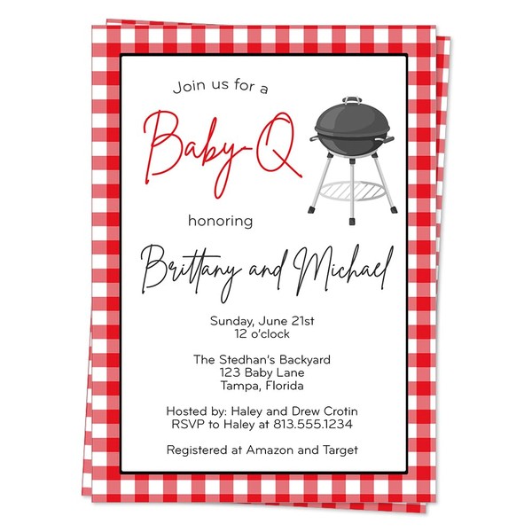 BabyQ Invitations for Barbeque Baby Shower Cookut Invites Baby-Q Grill Bun in the Oven Red Gingham Grill Party Cook Out Printed Cards (12 Count)