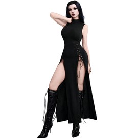 InGoticos Women's Gothic Mock Neck Split Thigh Lace Up Tank Goth Dress Without Belt Black