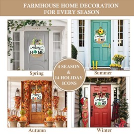 Interchangeable Welcome Sign for Front Door with 4 Seasonal Wreaths and 14 Changeable Icons, Farmhouse Front Porch Décor, Front Door Decoration, Seasonal Rustic Wooden Wall Sign Home décor (7wood)