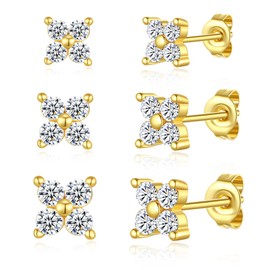 MKLUUO Cubic Zirconia Stud Earrings - 18K Gold Plated 4 Pong Round Clear CZ Stud Earrings for Women, 3 Pairs Stud Earrings Set, Gifts for Girlfriend and Mother
