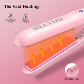 MELYDO Mini Portable Flat Iron, 0.7 Inch Dual Voltage Travel Hair Straightener - Small Flat Irons Hair Straightener for Short Hair, Curls Bangs, Worldwide-Use Travel Flat Iron, Pink