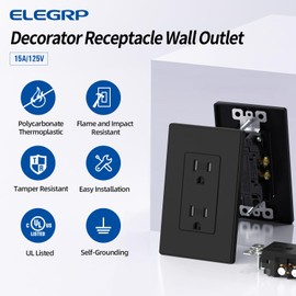 ELEGRP Matte Black Decorator Wall Receptacle Outlets, Tamper Resistant 15 Amp Standard Electrical Wall Outlet, Residential Grade, Self-grounding, 125V, Mid Size Wall Plate Included, UL Listed, 20 Pack