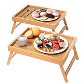 Fibogollo 2 Pack Bamboo Bed Tray Table with Folding Legs,Breakfast Trays,Serving Tray for Food and Snack,Laptop Trays for Working(Natural)