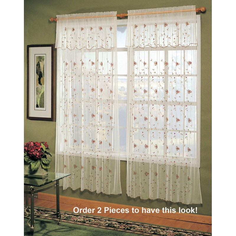 Creative Linens Embroidered Lace Roses Floral Window Curtain Panel with