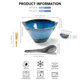 Henten Home 26 OZ Ramen Bowls Set, Ceramic Japanese Noodle Bowls Set of 2, Porcelain Deep Salad Bowl with Chopsticks for Udon, Reactive Glaze, Microwave Safe (Blue A1)