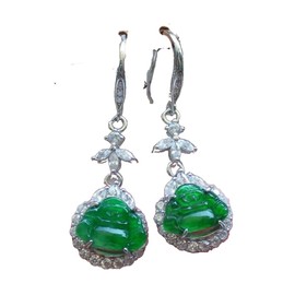 Certified Icy Green Sterling Silver 0.925 Natural A Jade jadeite Dangle Buddha God Earring Earrings 耳环 577728 GS
