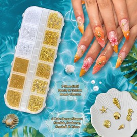 3D Beach Nail Charms Golden Seashell Tropical Ocean Pearls Beads